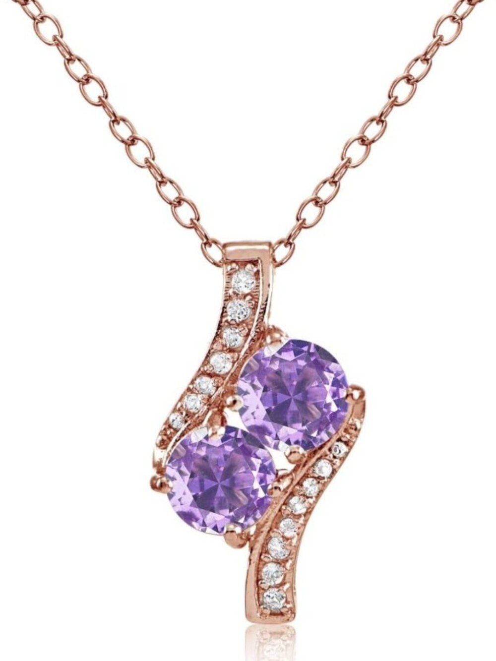 Rose Gold Sterling Silver Two Stone Necklace with Simulated Gemstone & CZ